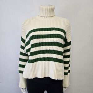 Madewell Wide Rib Turtleneck Stripe Sweater Green Cream Womens Size S Preppy